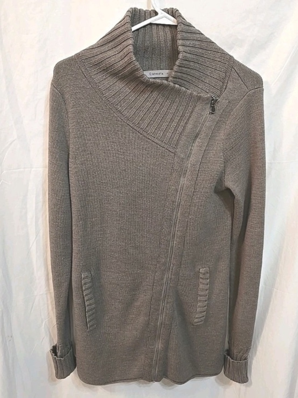 Athena Taupe Asymmetrical Zip Turtleneck Sweater